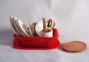 Miniature Dish Rack in Red with Dishes and Flatware