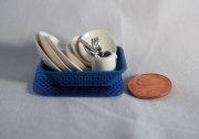 Miniature Dish Rack in Blue with Dishes and Flatware