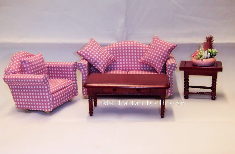 Dollhouse Miniature Pink Plaid Living Room Set