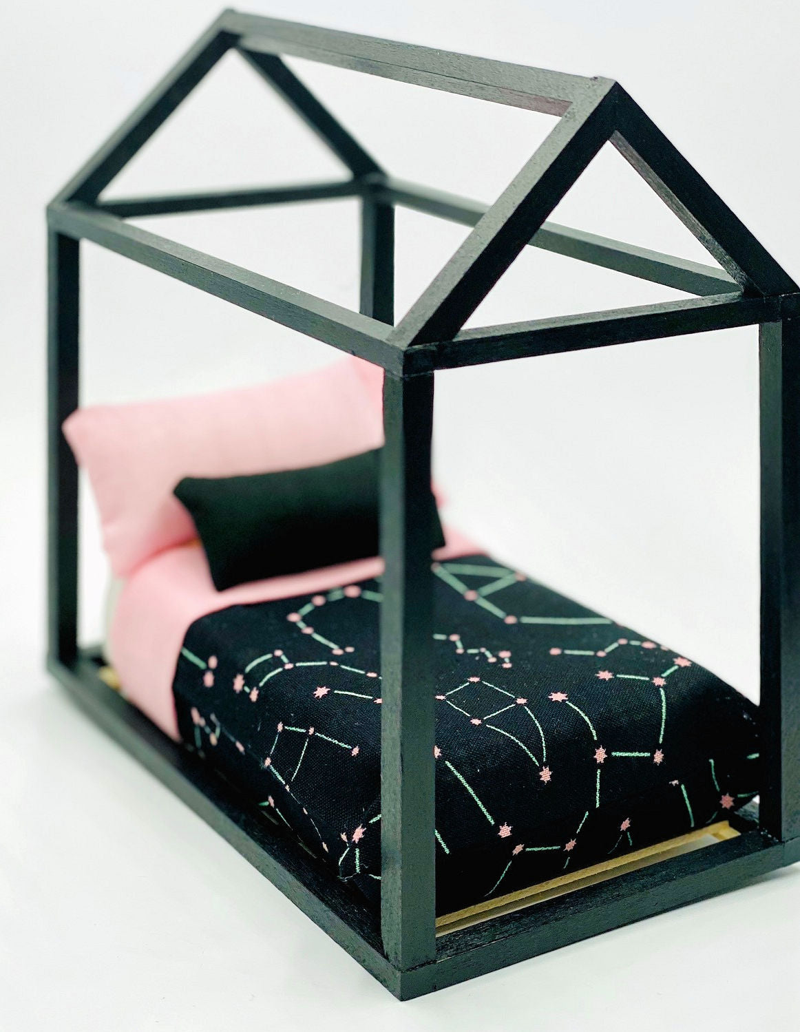 Doll House Miniature Child's/Youth Bed, Black House Frame