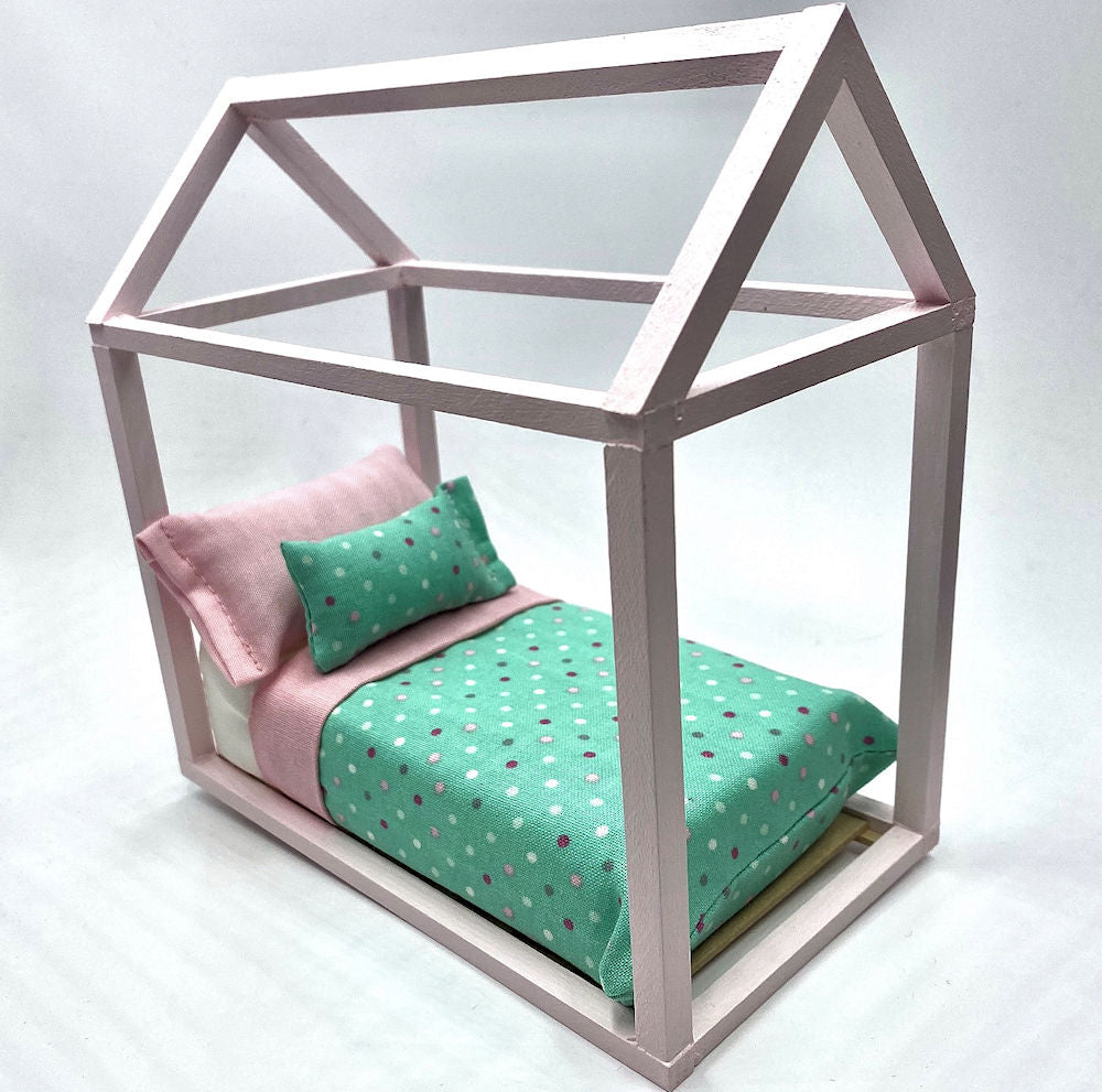 Doll House Minature Child's / Youth Bed, Pink House Frame