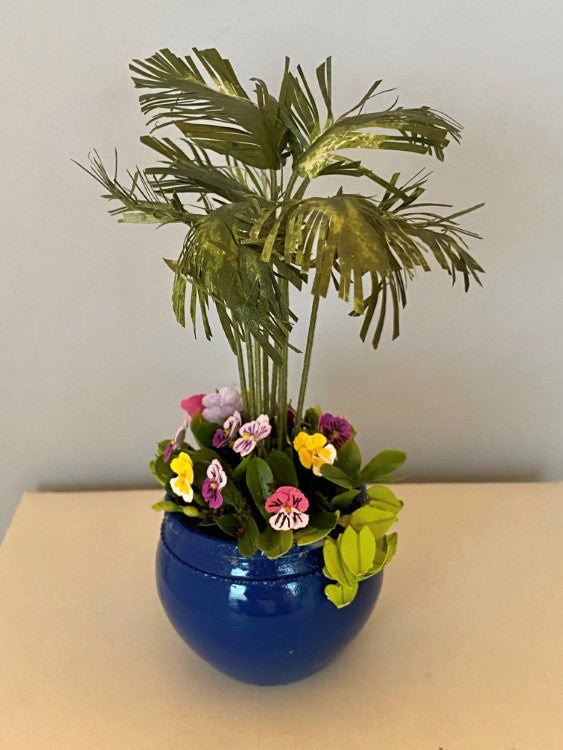 Potted Palm with Pansies - Blue Planter