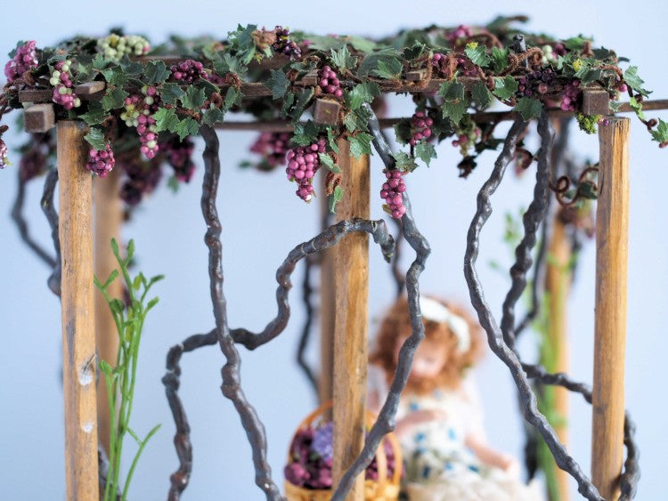 Miniature Trellis with Grapes, Doll, Bench and Flowers