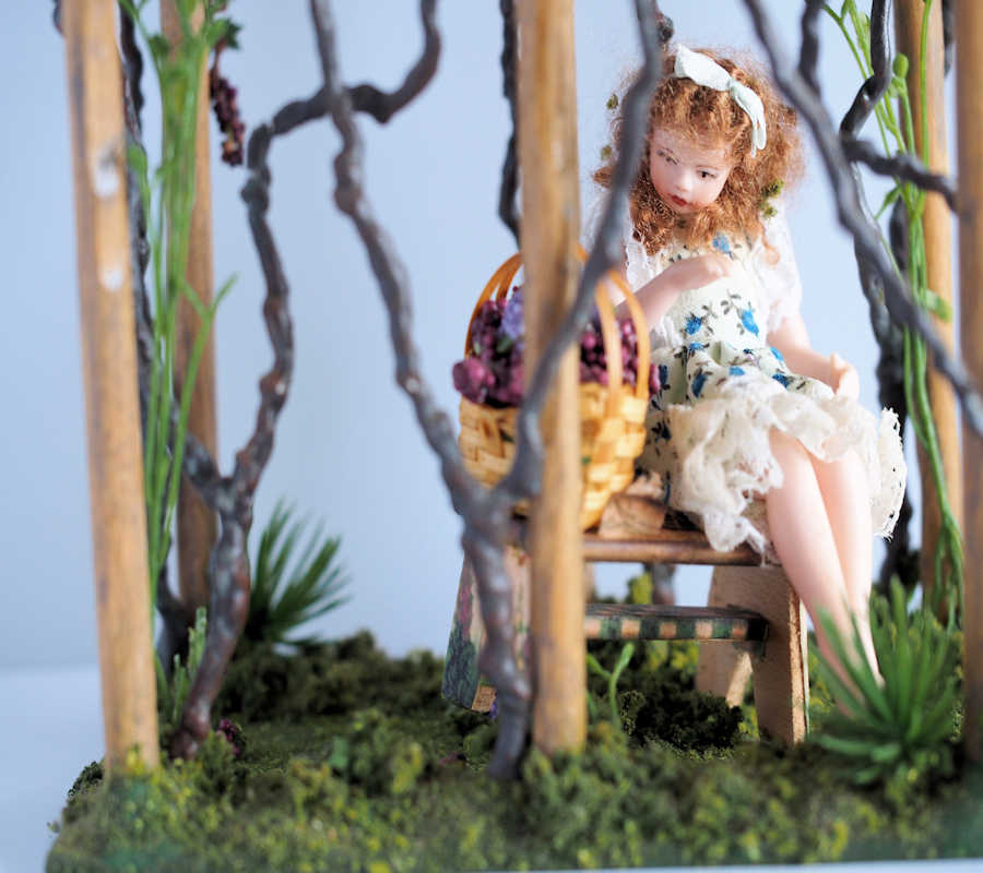 Miniature Trellis with Grapes, Doll, Bench and Flowers