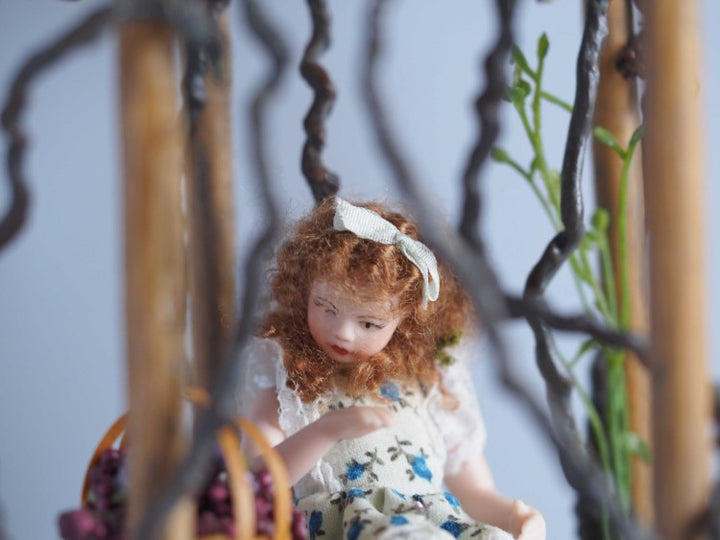 Miniature Trellis with Grapes, Doll, Bench and Flowers