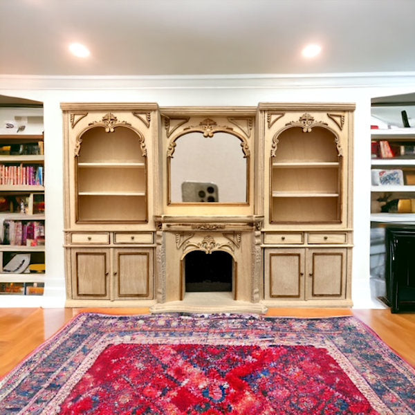 Unfinished Miniature Bookcase with Fireplace