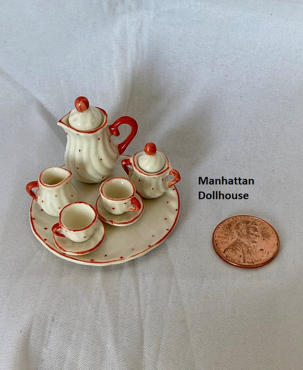 Miniature Red &amp; White Tea Set for 2