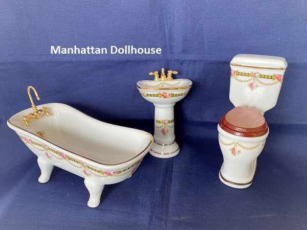 Dollhouse Pink Flower & Gold Band Bathroom Set-3 Pieces