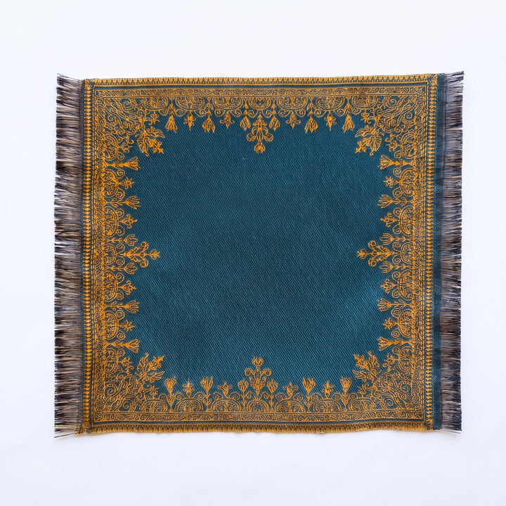 Double-sided Silk-Infused Miniature Turkish Carpet, Bronze/Teal