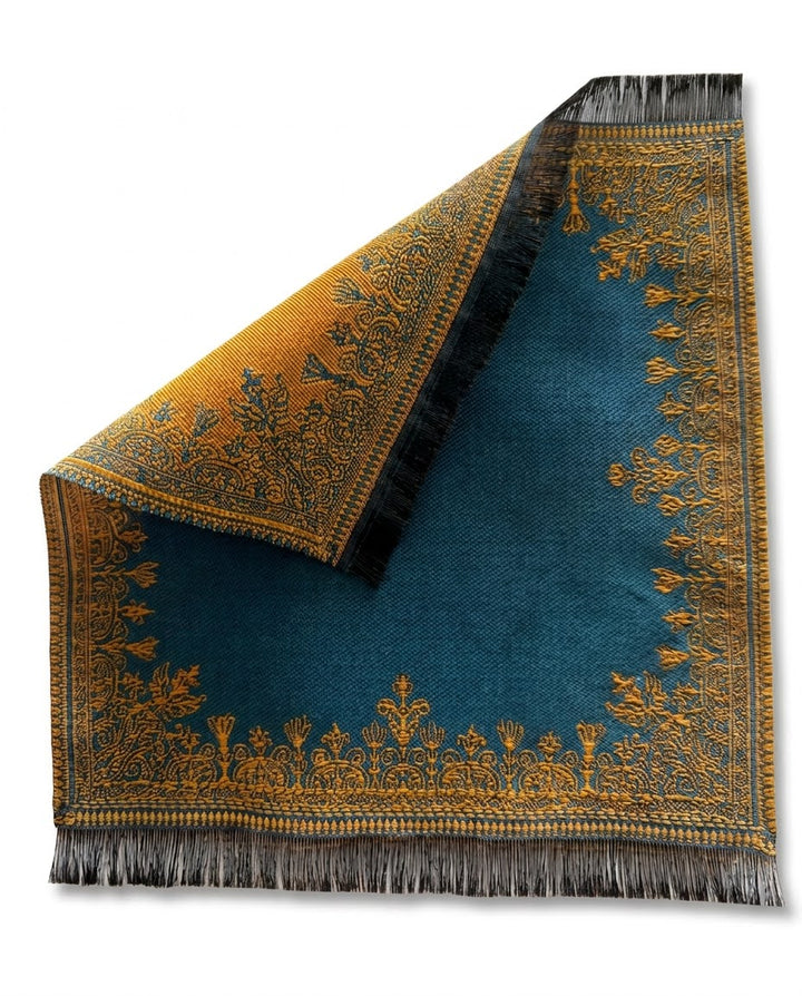 Double-sided Silk-Infused Miniature Turkish Carpet, Bronze/Teal
