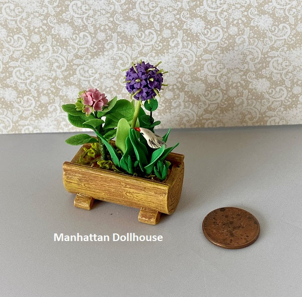 Miniature Wooden Log Planter with Bird