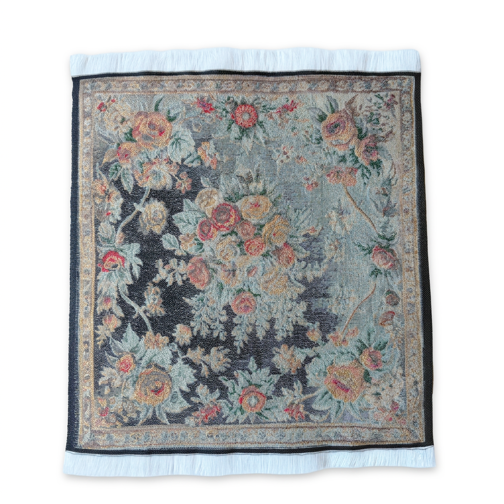 Fringed Tapestry Carpet with Rose Design, Patina-Rich, Sun-Faded