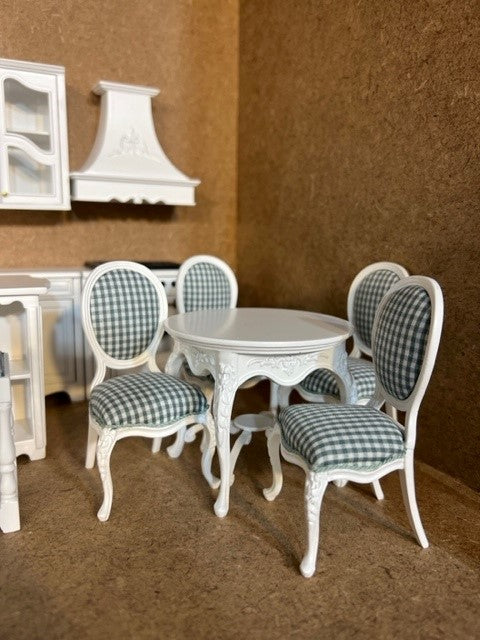 Dollhouse Miniature White Dinette Set with Sage Gingham fabric