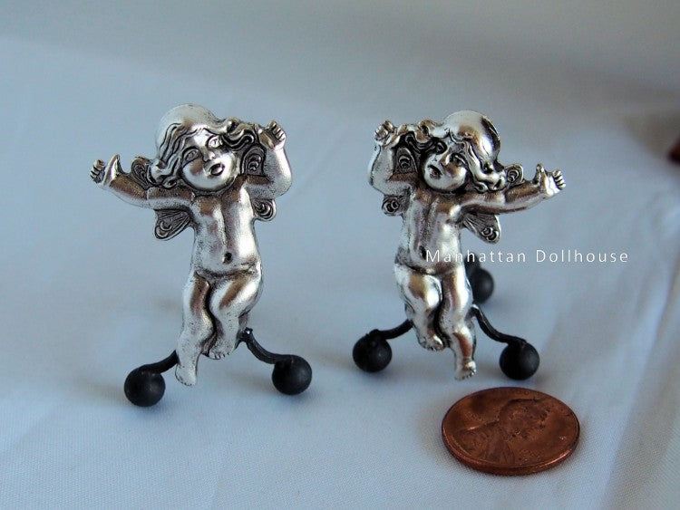 Dollhouse Miniature Andirons-Silver Cherubs