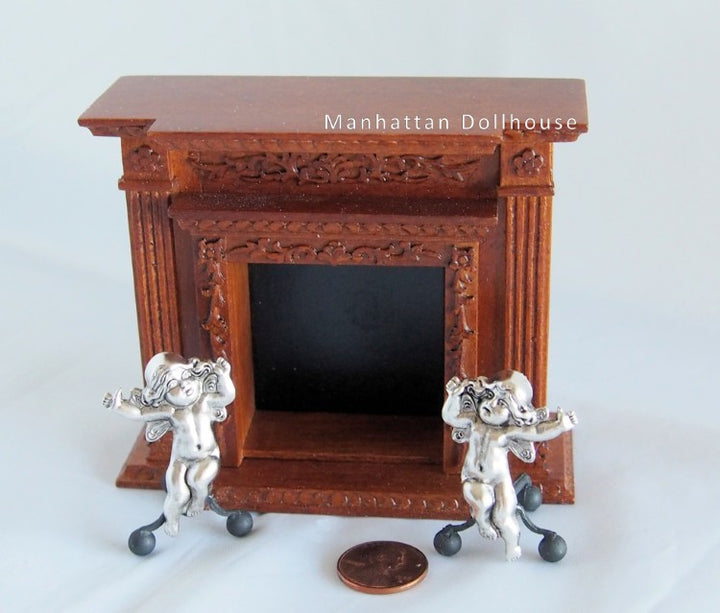 Dollhouse Miniature Andirons-Silver Cherubs