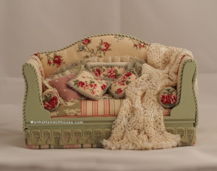 Shabby Chic Dollhouse Couch in Pink and Green
