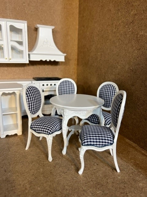 Miniature White Dinette Set with Navy/White Gingham Fabric