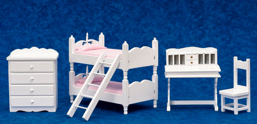 White Dollhouse Bunk Bed Set with Checkered Pink Fabric