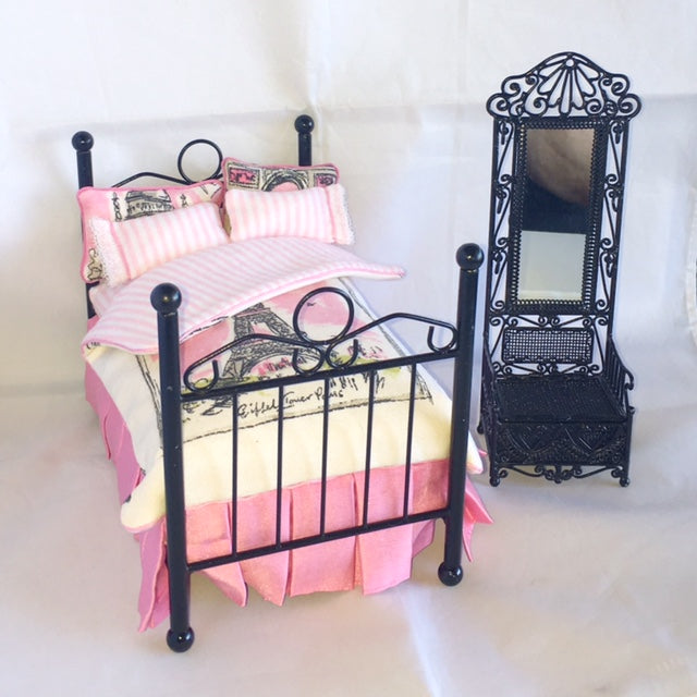 Miniature Dollhouse French Style Bed with Side Chair