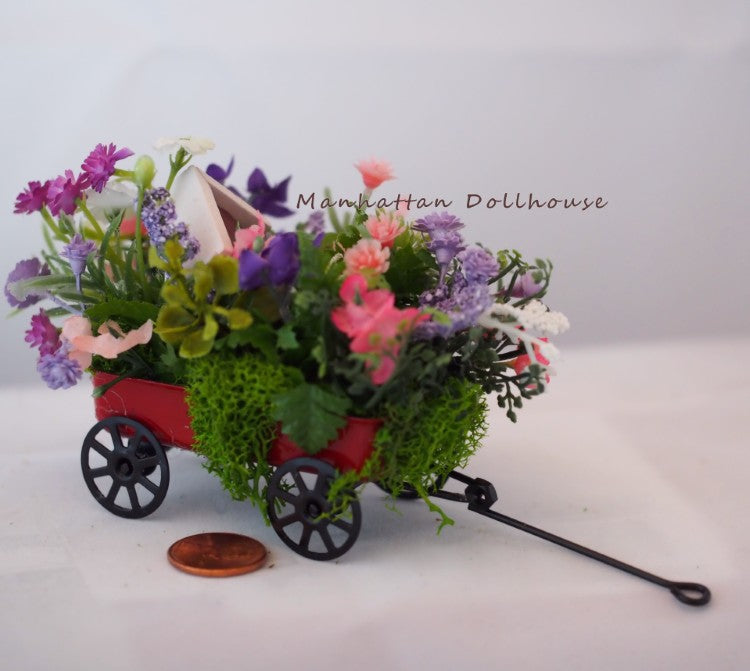 Miniature Wagon with Pretty Flowers and Bird House