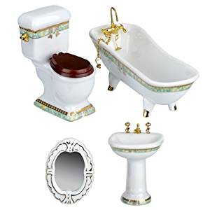 Miniature Porcelain White and Green Bathroom Set