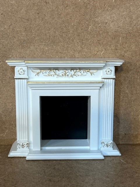 Miniature White Fireplace with Gold Trim