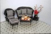 Black Wicker Miniature Settee Set with Pillows