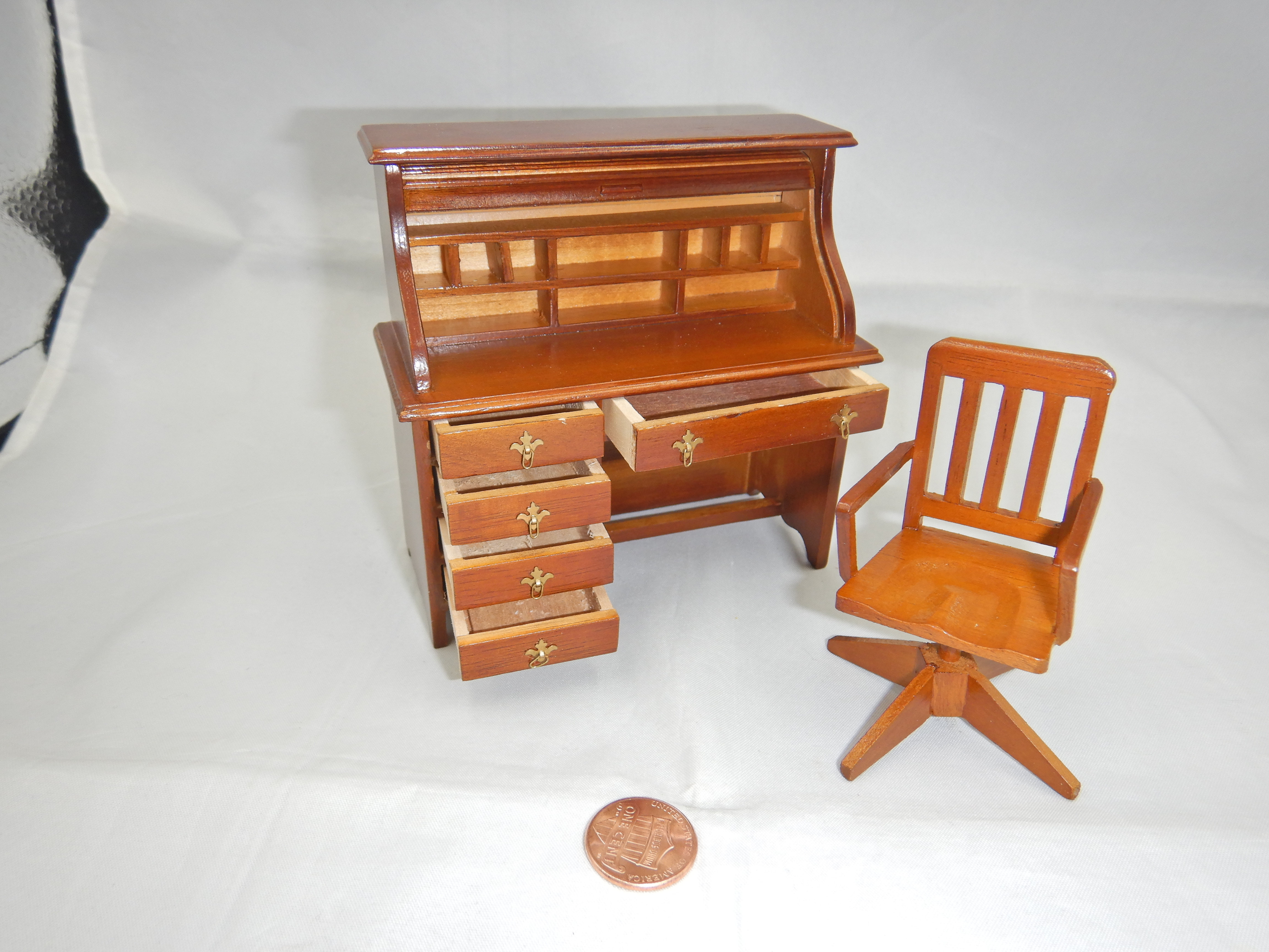 Miniature Desk Set Roll Top Desk With Chair 598 Pn 2pc