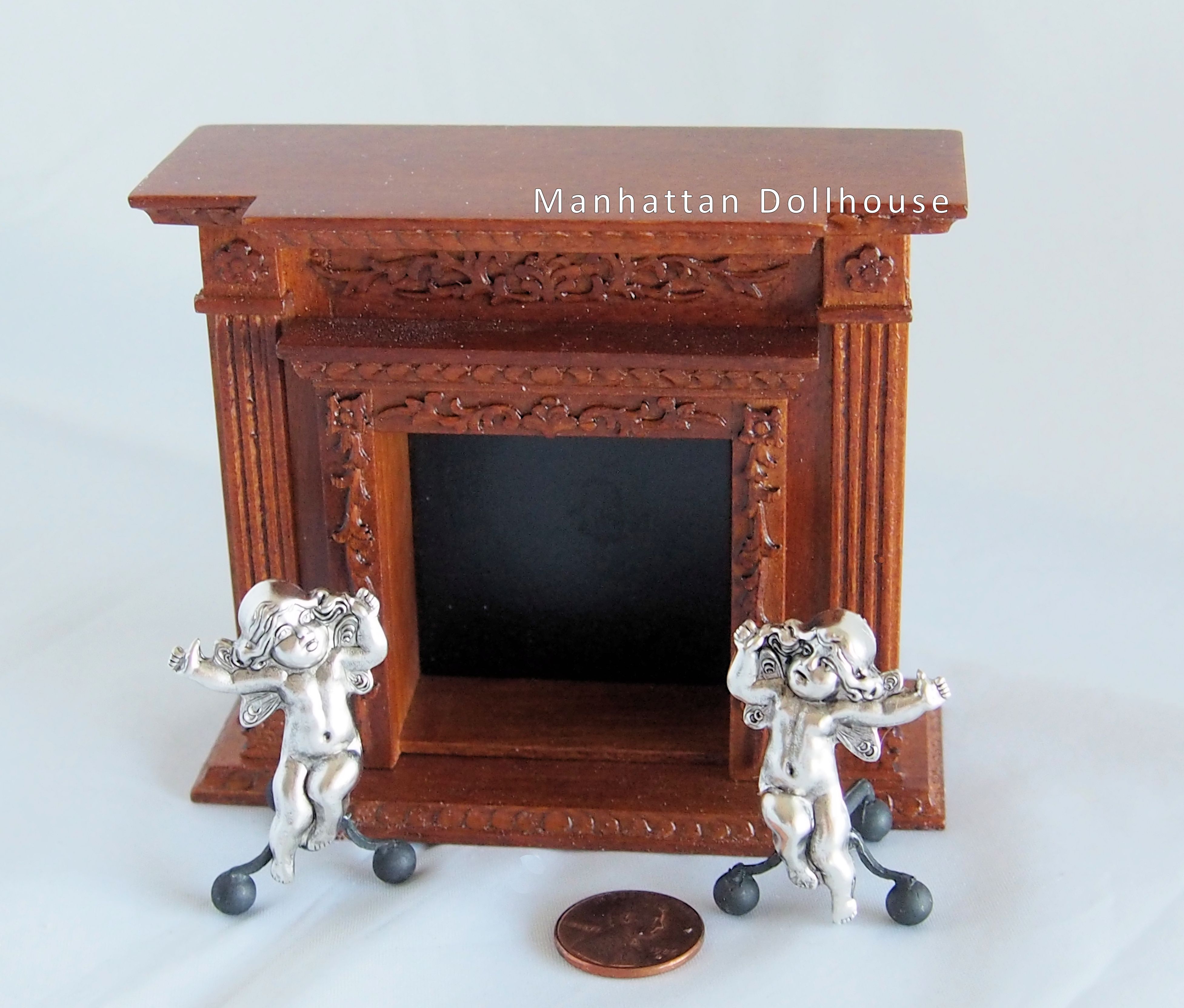 Dollhouse Miniature Andirons-Silver Cherubs - Click Image to Close